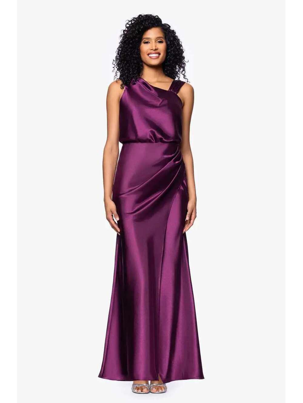 Betsy and Adam Asymmetrical Satin Tank Sheath Gown sz 14 Plum Purple Formal Prom